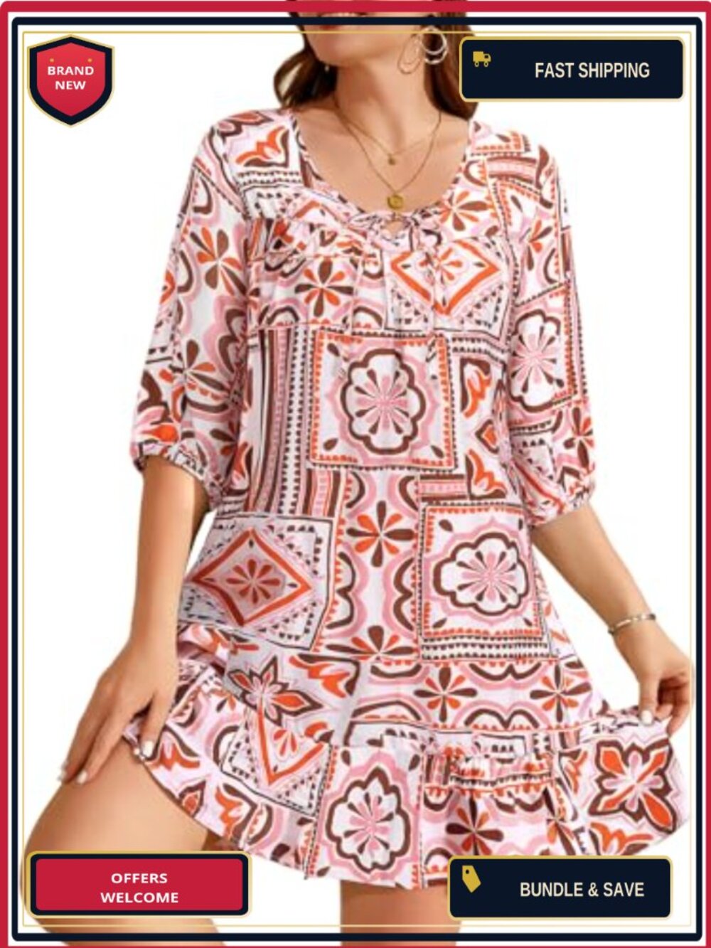 Plus Size Summer Dress 3/4 Sleeve Boho Swing Mini Dress